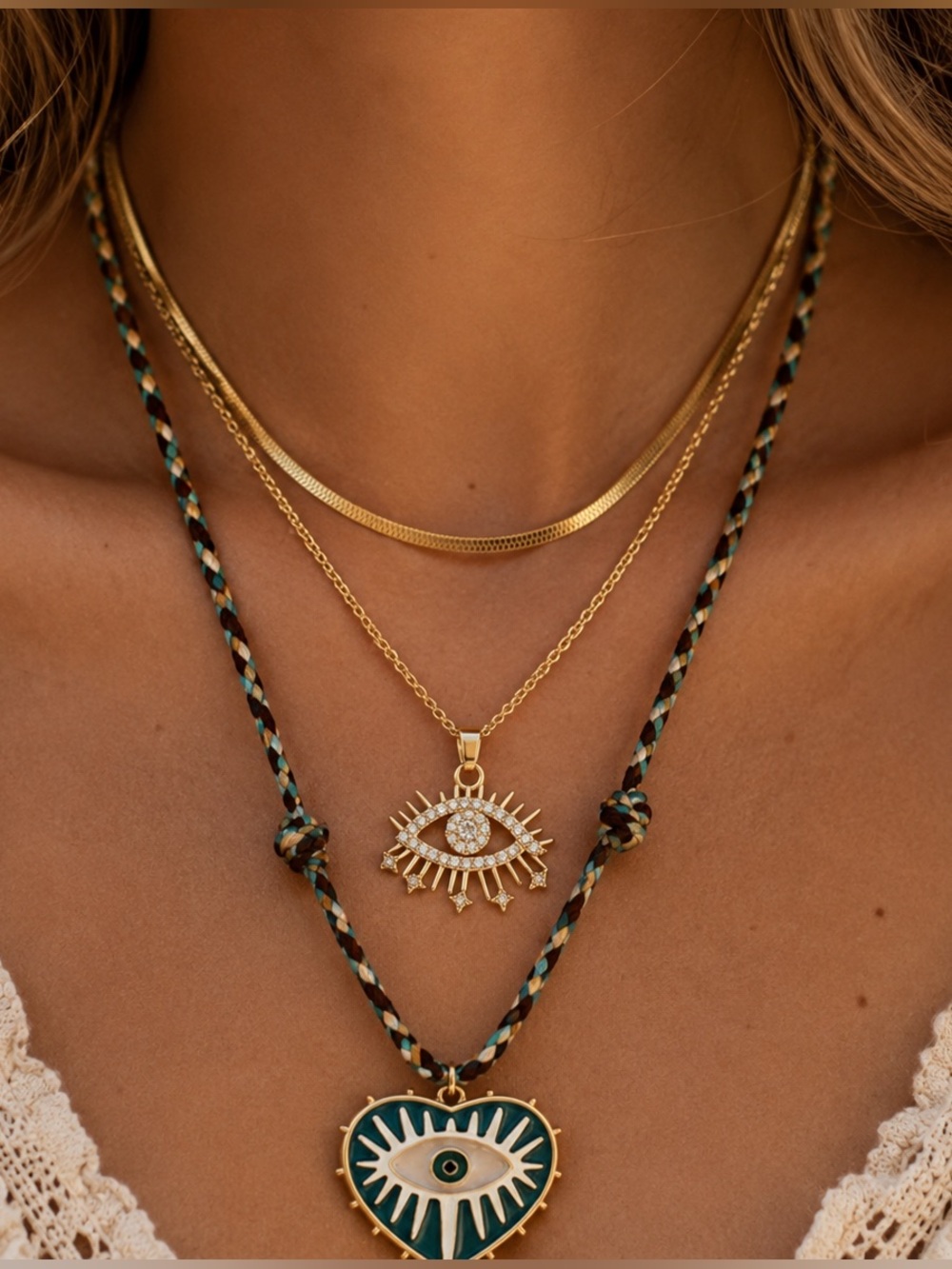 Turquoise Evil Eye Heart Pendant Necklace | Coastal Boho - Picture 5 of 6